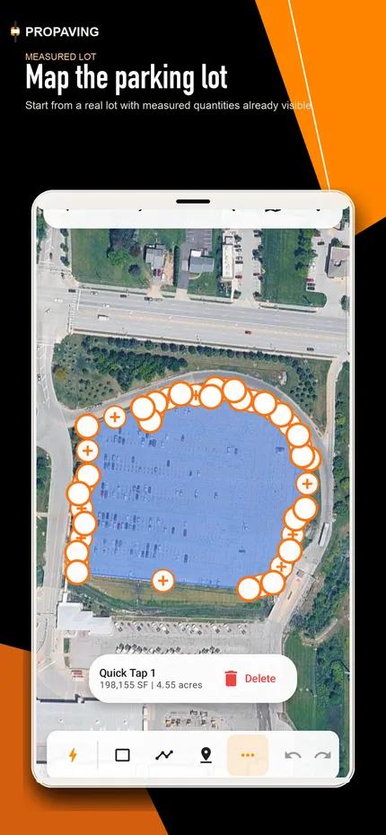 ProPaving mobile app showing a mapped parking lot measurement