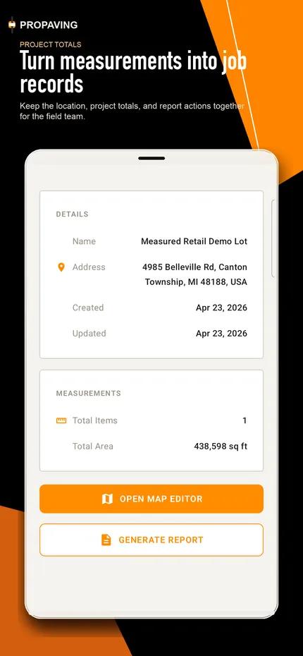 ProPaving mobile app showing project measurement totals