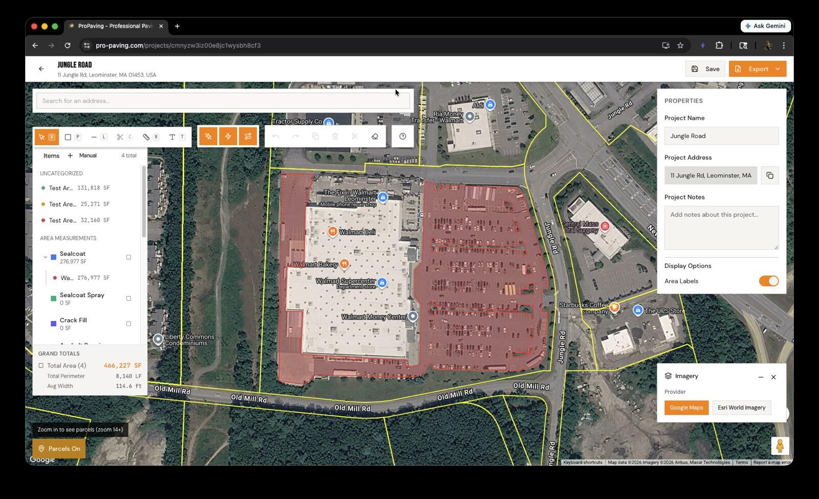 ProPaving measurement tool showing a Walmart parking lot with 466,227 SF of area measurements, parcel overlays, and real-time calculations